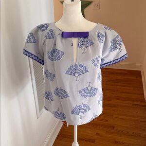 The Charlotte Peacock-Print Blouse with Purple Trim - Women's Top